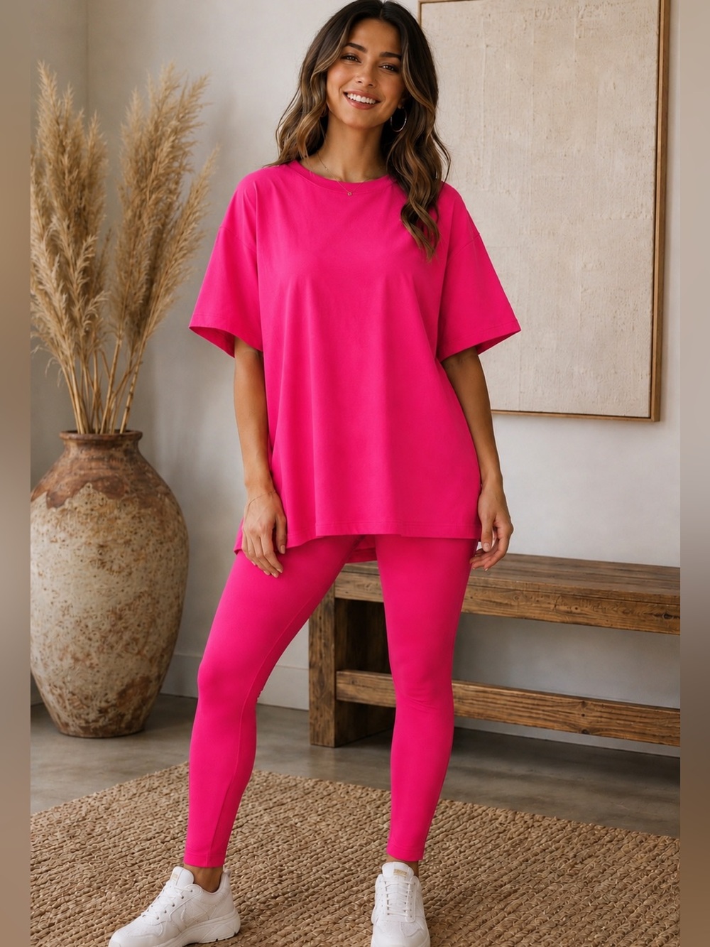 ZENANA Hot Pink Oversized Long Top & Leggings Set – Size  X Large – Brand New